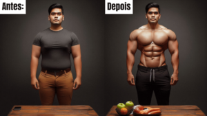 Antes e depois de um homem que era obeso e agora é musculoso e com o abdômen definido